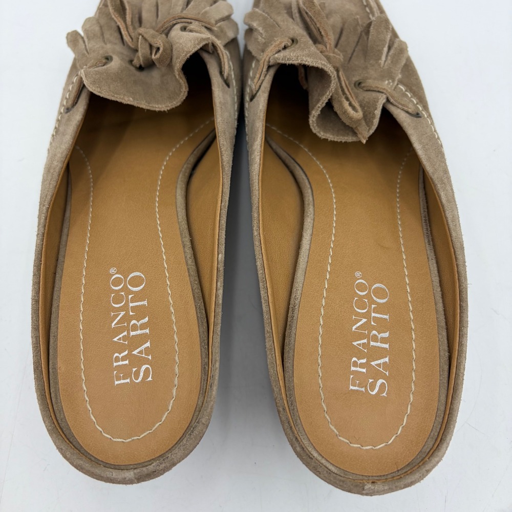 Franco Sarto Tan Kitten Heel Mules Tan Suede Fringe 8.5M Boho Western Slip On - Picture 6 of 11